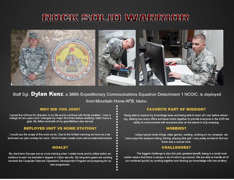 This week’s Rock Solid Warrior is Staff Sgt. Dylan Kunz, a 386th Expeditionary Communications Squadron Detachment 1 NCOIC, deployed from Mountain Home AFB, Idaho. The Rock Solid Warrior program is a way to recognize and spotlight the Airmen of the 386th Air Expeditionary Wing for their positive impact and commitment to the mission. (U.S. Air Force graphic/ Master Sgt. Eric Sharman)