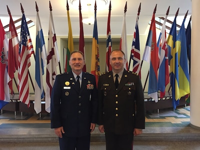 U.S. Air Force Maj. Gen. Clinton E. Crosier (left), U.S. Strategic Command (USSTRATCOM) director of plans and policy, meets with Latvian National Armed Forces Maj. Gen. Andis Dilāns, commandant of the Baltic Defence College, in Tartu, Estonia, May 24, 2017. During the visit, Crosier extended a formal invitation for the Baltic Defence College to join USSTRATCOM’s Deterrence and Assurance Academic Alliance, which Dilans accepted. They become the first non-U.S. institution to join. The visit was one leg of a trip to six European countries Crosier made to strengthen ties with NATO allies and academic partners, May 23 to June 2, 2017. One of nine Department of Defense unified combatant commands, USSTRATCOM has global strategic missions assigned through the Unified Command Plan that include strategic deterrence, space operations, cyberspace operations, joint electronic warfare, global strike, missile defense, intelligence, and analysis and targeting.