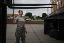 Airman Kylee Boice, 2nd Logistics Readiness Squadron Traffic Management Office receiving technician, guides a forklift as it attempts to pick up a B-52 Stratofortress cowling that had just arrived at Barksdale Air Force Base, La., June 6, 2017. The mission of the 2nd Logistics Readiness Squadron is to provide agile logistics support, anytime, anywhere. (U.S. Air Force photo/Airman 1st Class Stuart Bright)