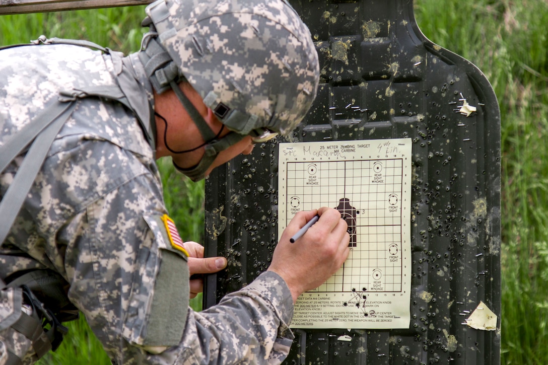 New York Army National Guard Spc. Alexander Markaron checks the shot grouping on a target during a competition at Camp Smith Training Site, N.Y., June 2, 2017. Markaron is assigned to the 4th Finance Detachment. Army National Guard photo by Spc. Jonathan Pietrantoni