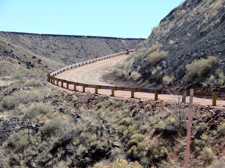 JEMEZ DAM, N.M. – This photo shows guardrail posts along the Jemez Dam access road after they were replaced to meet N.M. Dept. of Transportation guidelines, April 5, 2017.