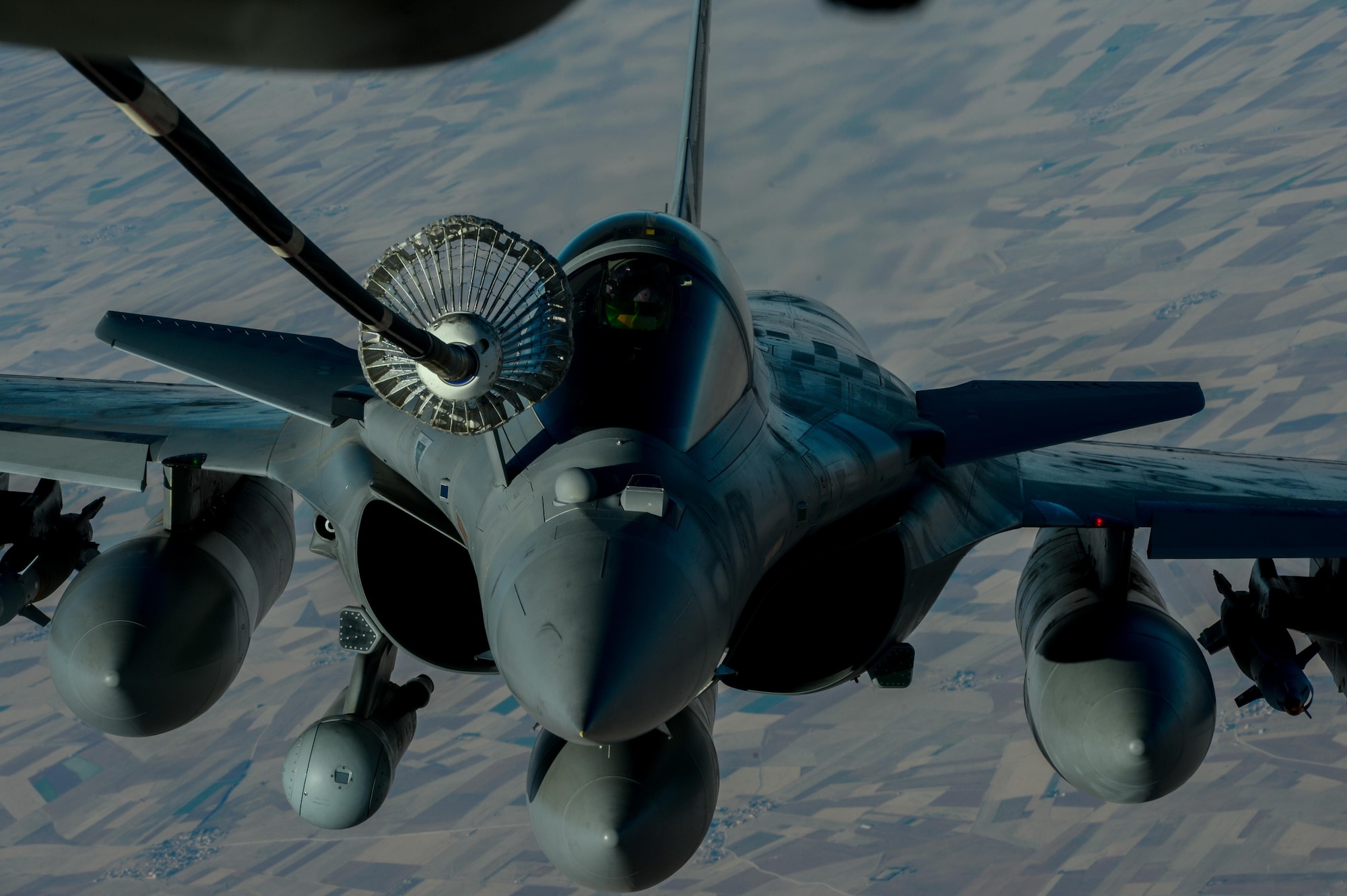 A French Naval Rafale receives fuel from a 908th Expeditionary Air Refueling Squadron KC-10 Extender during a flight in support of Operation Inherent Resolve June 2, 2017. Rafale is a French twin-engine, canard delta wing, multirole fighter aircraft with a wide range of weapons. The Rafale is intended to perform air supremacy, interdiction, aerial reconnaissance, ground support, in-depth strike and anti-ship strike missions. (U.S. Air Force photo by Staff Sgt. Michael Battles)