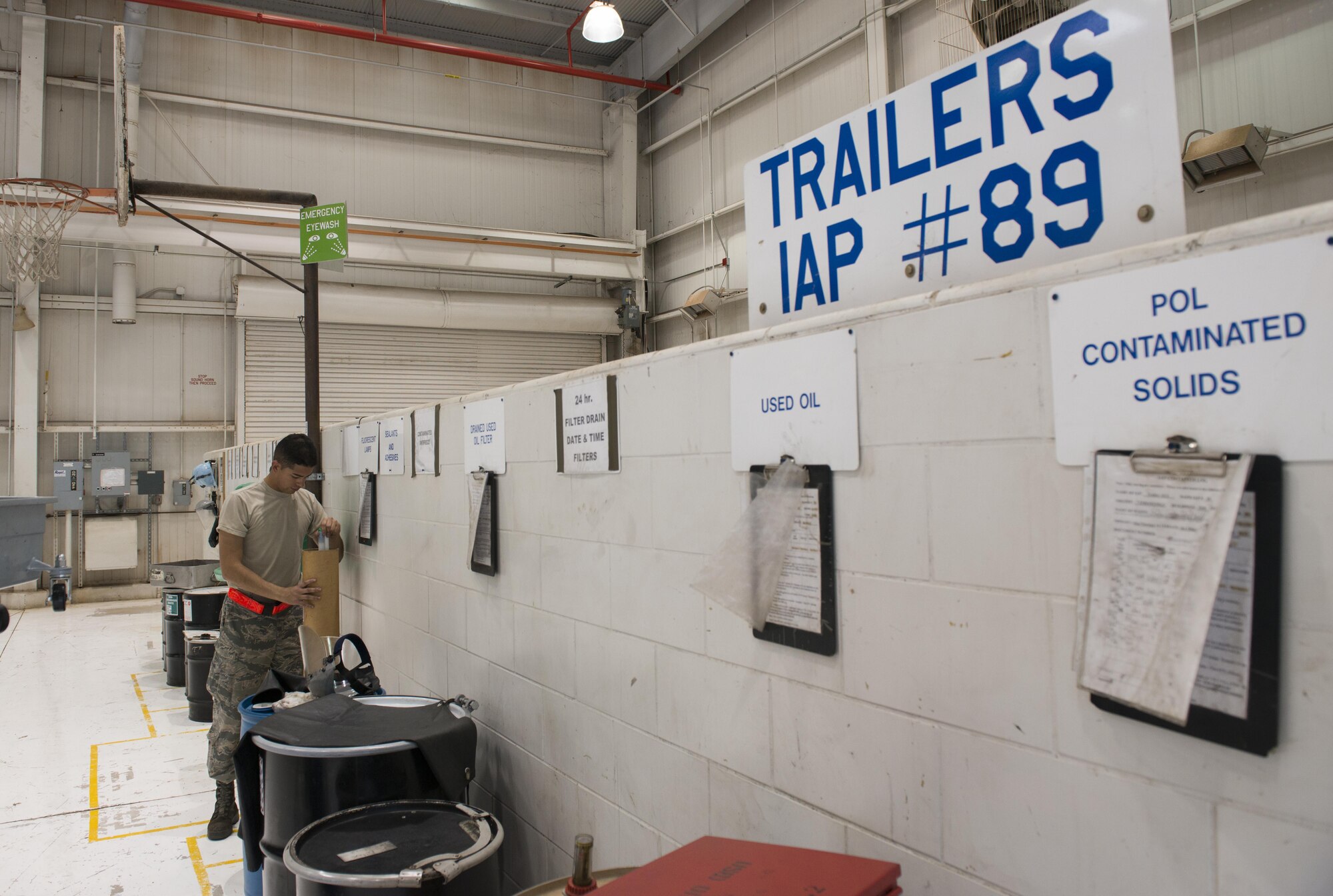 U.S. Air Force Airman 1st Class Steven Melo-Justo, 7th Equipment Maintenance Squadron aerospace ground equipment craftsman, containerizes used fluorescent light bulbs (waste lamps) at Dyess Air Force Base, Texas, May 10, 2017. Mercury-containing waste lamps are considered Universal wastes, along with paint and paint-related wastes (state of Texas only), batteries, pesticides, and other mercury-containing equipment.  A Universal waste is a category of hazardous waste that is subject to more relaxed standards of accumulation, recordkeeping, and shipping requirements due to the fact that they are commonly generated by a wide variety of establishments.  In 2016, Dyess properly disposed of almost 27,000 pounds of universal waste. (U.S. Air Force photo by Senior Airman Austin Mayfield)