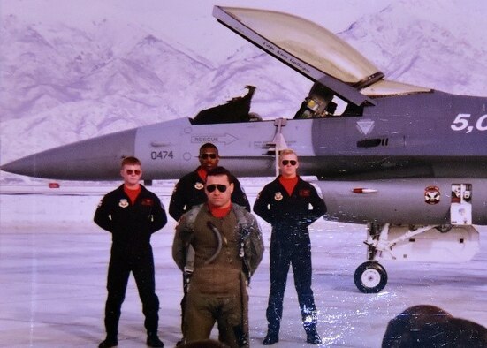 Cpt. Kurt Gallegos, Air Combat Command, 12th Air Force West Coast F-16 demonstration team F-16 pilot, stands at parade rest during an air show at Hill Air Force Base, Utah. (Courtesy photo)