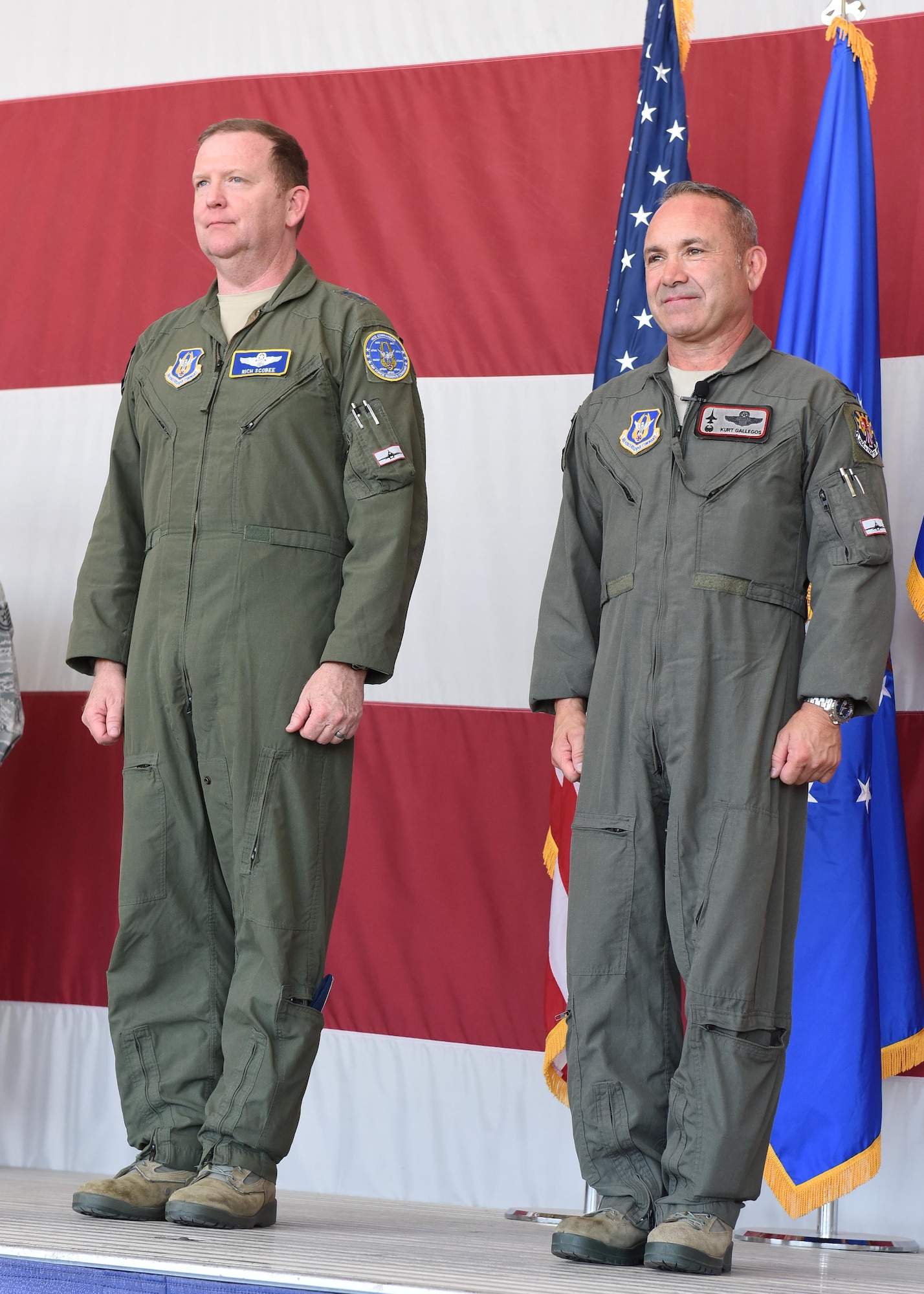 Maj. Gen. Richard Scobee, Air Force Reserve Command vice commander, stands next to Col. Kurt Gallegos, 944th Fighter Wing commander, June 3 during a retirement ceremony at Luke Air Force base, Ariz. (U.S. Air Force photo by Staff Sgt. Lausanne Kinder)