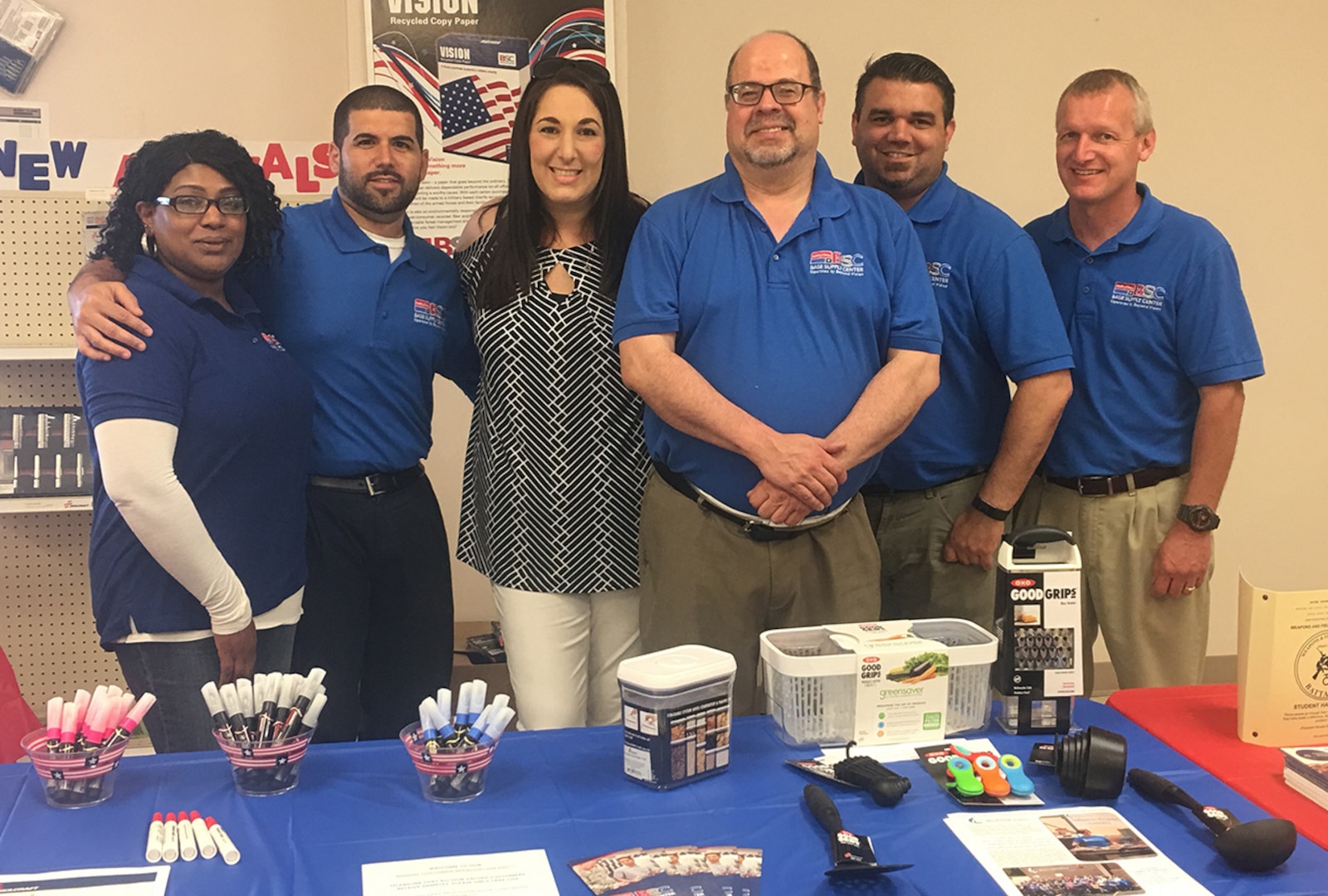 The Ability One team celebrated Customer Appreciation Day by providing complimentary snacks and item samples to patrons as a way to thank customers for supporting their mission to employee Americans that are blind and visually impaired.

Pictured, from left: Latricia Bonderant, Carlos Rosario, Sari Glick, Perry Ling, David Alldredge and Roger Adkins