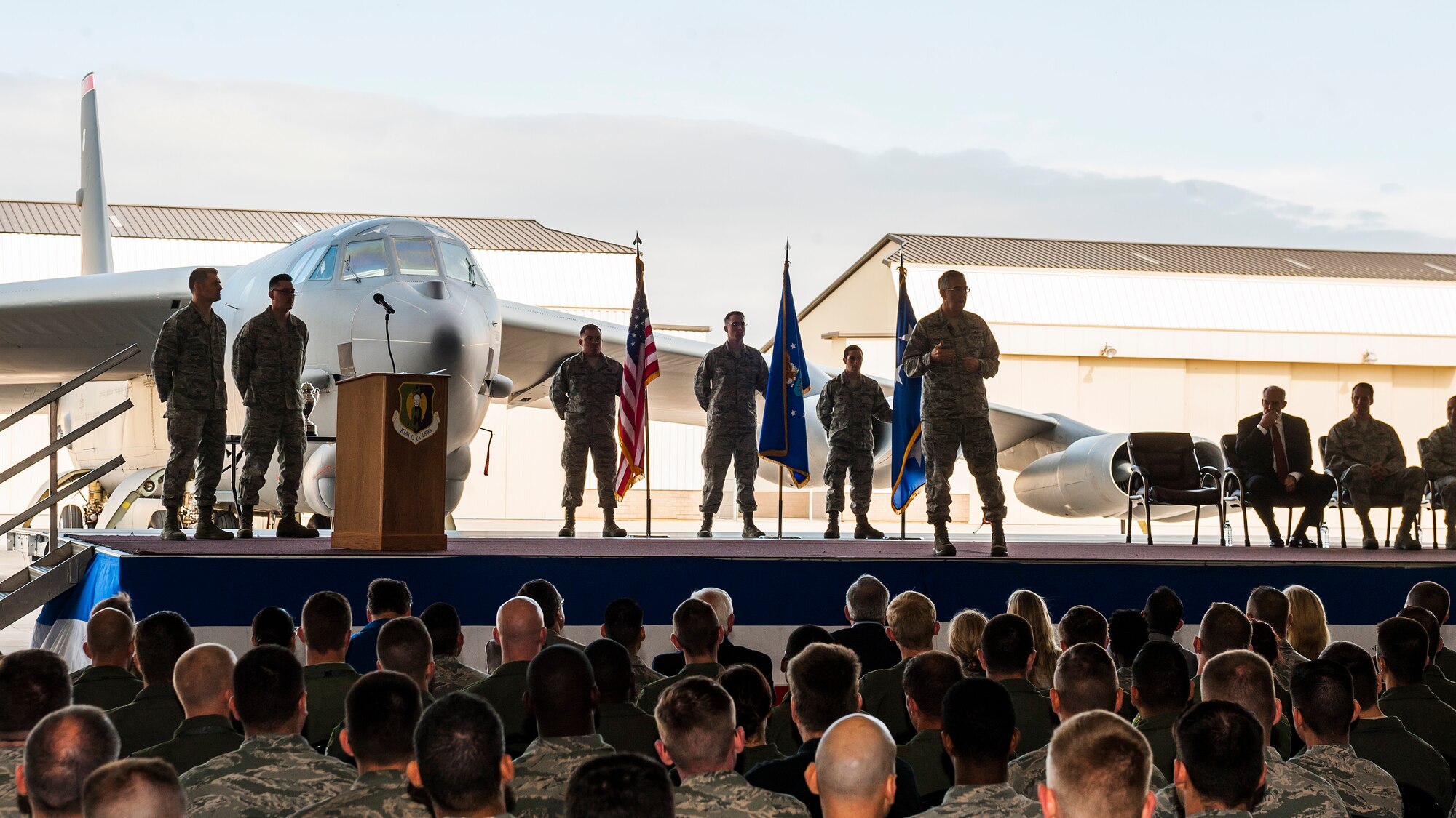 Gen. John E. Hyten, U.S. Strategic Command commander, speaks with 5th Bomb Wing Airmen about the Omaha Trophy at Minot Air Force Base, N.D., June 6, 2017. Hyten presented the 5th Bomb Wing with the 2016 Omaha Trophy in the Strategic Bomber category and recognized multiple Team Minot Airmen for their mission contributions. (U.S. Air Force photo/Senior Airman J.T. Armstrong)
