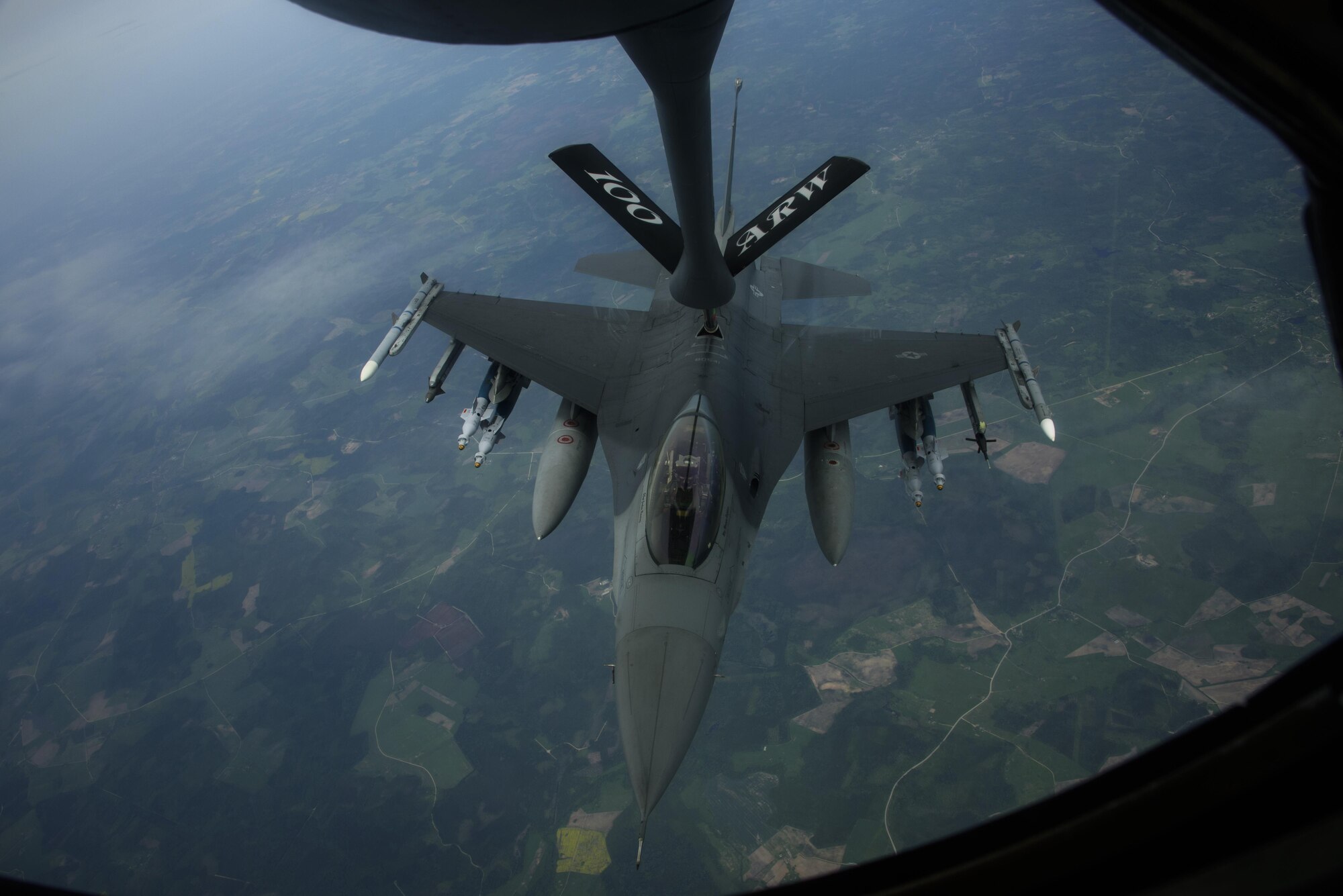 An F-16 Fighting Falcon, 510th Fighter Squadron, deployed to Krzesiny Air Base, Poland, in support of Aviation Detachment rotation 17-3, exercise BALTOPS and exercise Saber Strike, refuels from a KC-135R Stratotanker, 100th Air Refueling Wing, from RAF Mildenhall, England over Latvia, June 7, 2017. The exercise, is designed to
enhance flexibility and interoperability, to strengthen combined response capabilities, as well as demonstrate
resolve among Allied and Partner Nations' forces to ensure stability in, and if necessary defend, the Baltic Sea region. (U.S. Air Force photo by Staff Sgt. Jonathan Snyder)