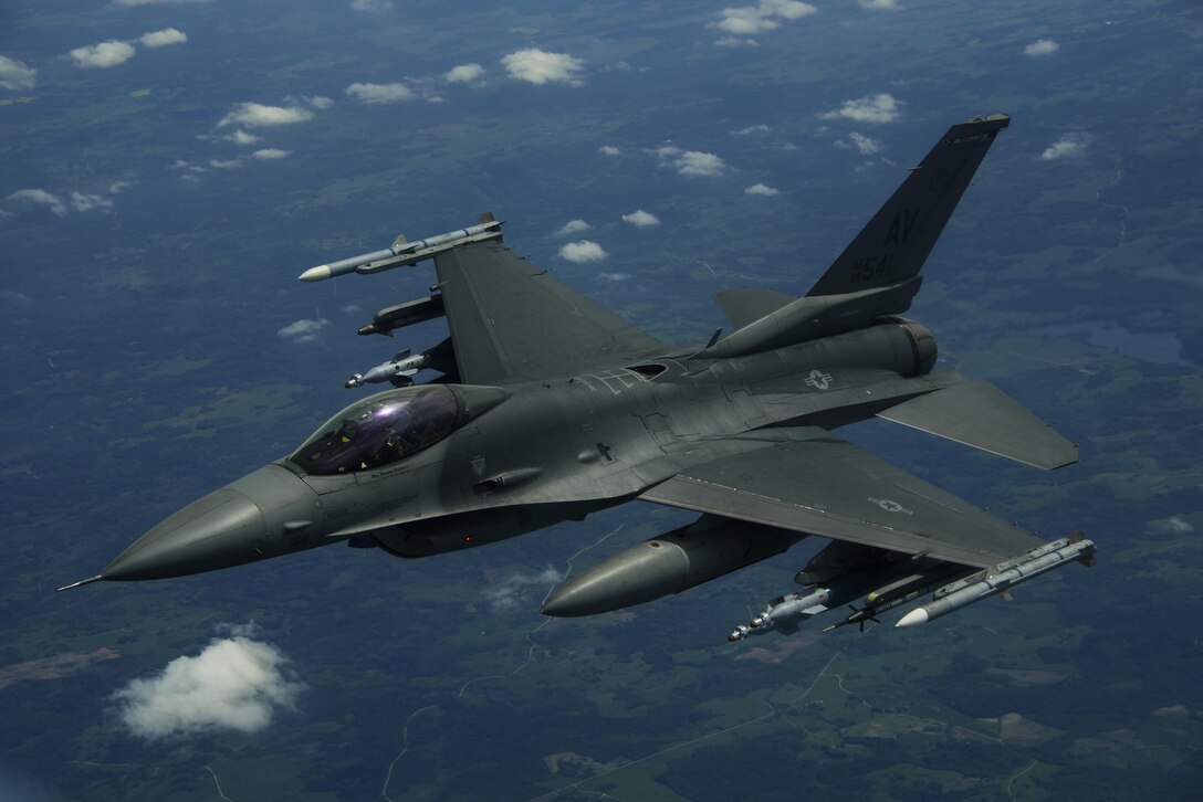 An F-16 Fighting Falcon, 510th Fighter Squadron, deployed to Krzesiny Air Base, Poland, in support of Aviation
Detachment rotation 17-3, exercise BALTOPS and exercise Saber Strike flies over Latvia, June 7, 2017. BALTOPS is
an annually recurring multinational exercise designed to enhance flexibility and interoperability, as well as demonstrate resolve of allied and partner forces to defend the Baltic region. Participating nations include Belgium,
Denmark, Estonia, Finland, France, Germany, Latvia, Lithuania, the Netherlands, Norway, Poland, Sweden, the
United Kingdom, and the United States. (U.S. Air Force photo by Staff Sgt. Jonathan Snyder)