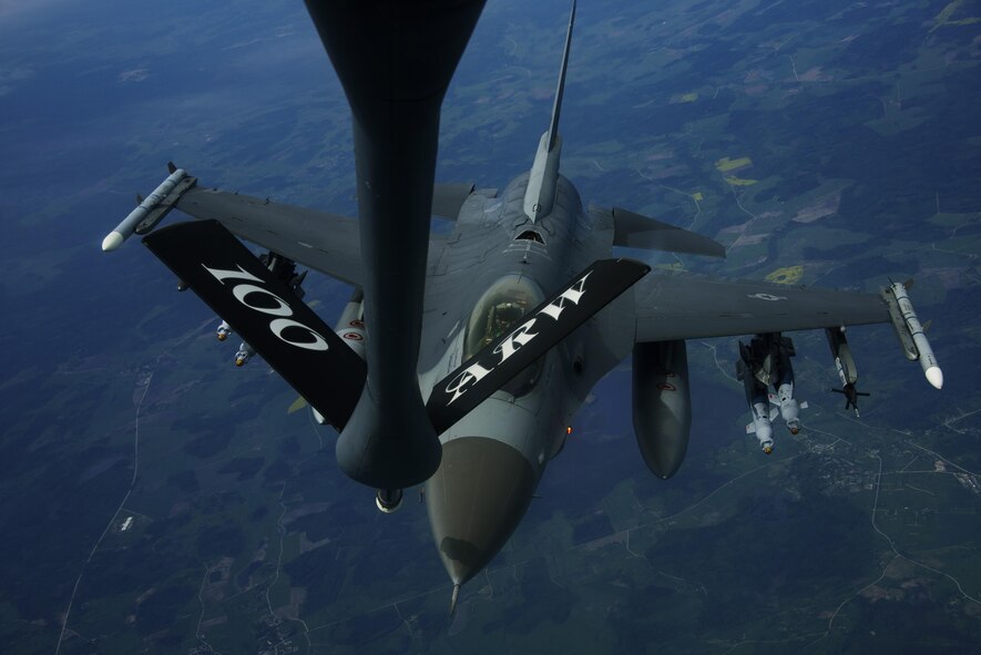 An F-16 Fighting Falcon, 510th Fighter Squadron, refuels from a KC-135R Stratotanker, 100th Air Refueling Wing,
from RAF Mildenhall, England in support of Aviation Detachment rotation 17-3, exercise BALTOPS and exercise Saber Strike over Latvia, June 7, 2017. The exercise, is designed to enhance flexibility and interoperability, to
strengthen combined response capabilities, as well as demonstrate resolve among Allied and Partner Nations' forces to ensure stability in, and if necessary defend, the Baltic Sea region. (U.S. Air Force photo by Staff Sgt. Jonathan Snyder)