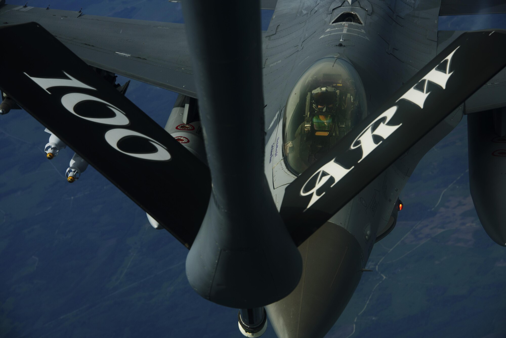 An F-16 Fighting Falcon, 510th Fighter Squadron, refuels from a KC-135R Stratotanker, 100th Air Refueling Wing, from RAF Mildenhall, England in support of Aviation Detachment rotation 17-3, exercise BALTOPS and exercise Saber Strike exercise over Latvia, June 7, 2017. BALTOPS is an annually recurring multinational exercise designed to enhance flexibility and interoperability, as well as demonstrate resolve of allied and partner forces to defend the Baltic region. Participating nations include Belgium,
Denmark, Estonia, Finland, France, Germany, Latvia, Lithuania, the Netherlands, Norway, Poland, Sweden, the United Kingdom, and the United States. (U.S. Air Force photo by Staff Sgt. Jonathan Snyder)