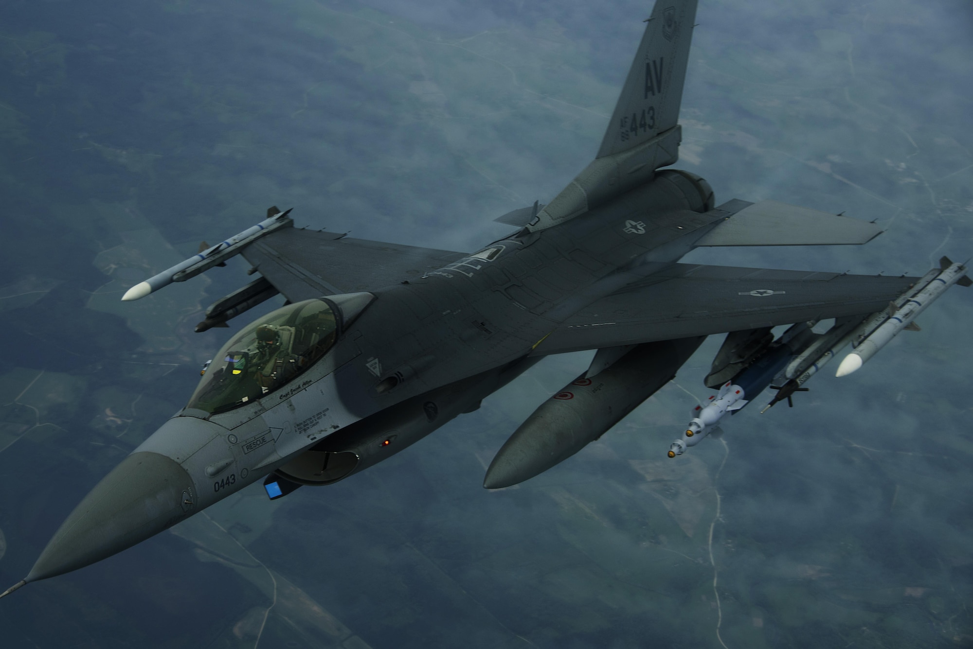 An F-16 Fighting Falcon, 510th Fighter Squadron, is deployed to Krzesiny Air Base, Poland, in support of Aviation
Detachment rotation 17-3, exercise BALTOPS and exercise Saber Strike flies over Latvia, June 7, 2017. The exercise, is designed to enhance flexibility and interoperability, to strengthen combined response capabilities, as well as demonstrate resolve among Allied and Partner Nations' forces to ensure stability in, and if necessary defend, the Baltic Sea region. (U.S. Air Force photo by Staff Sgt. Jonathan Snyder)