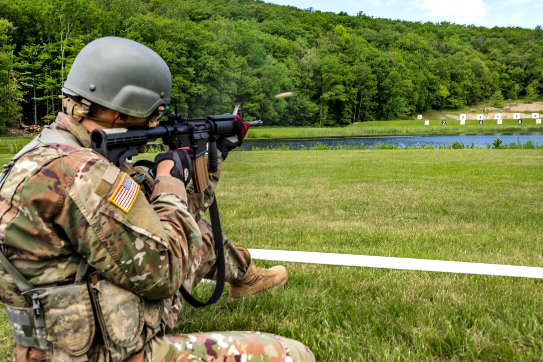 New York Army National Guard Spc. Tyler Studd fires his M4 carbine during competition at Camp Smith Training Site, N.Y., June 3, 2017. Studd is assigned to the 152nd Engineer Support Company. Army National Guard photo by Sgt. Harley Jelis