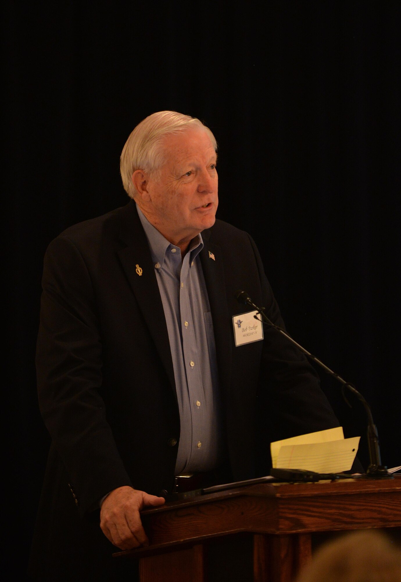 Retired Col. Robert Parker, the first commander to lead the Airborne Launch Control System in 1967, gives the keynote address to attendees of the 50th anniversary of the Airborne Launch Control System at a luncheon held June 2 at the Patriot Club. For 50 years a small group of missileers have been on alert providing survivable intercontinental ballistic missile launch capability. (U.S. Air Force photo by Josh Plueger)