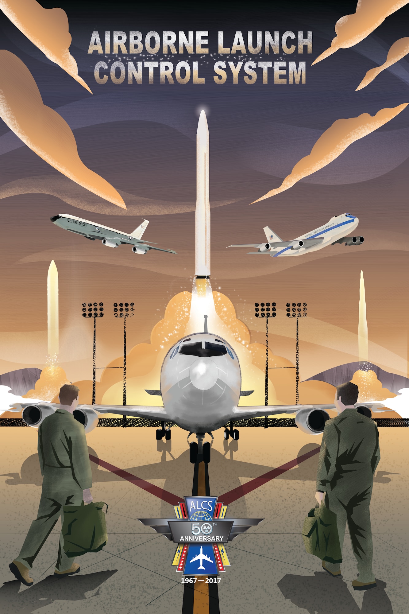 A poster commemorates the 50th anniversary of for the Airborne Launch Control System. Airborne missileers have patrolled the skies in four separate EC-135 variants as well as the E-4B and E-6B aircraft. Airborne missileers have the capability to remotely launch ballistic missiles carrying nuclear warheads. (U.S. Air Force graphic by Josh Plueger)