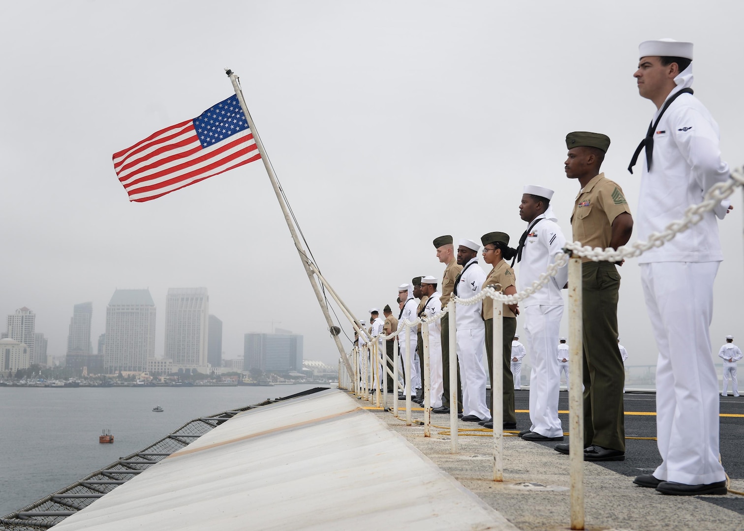 Sailors and Marines man the rails aboard the aircraft carrier USS Nimitz (CVN 68), June 5, 2017, in San Diego. Nimitz is joining Carrier Air Wing 11, Destroyer Squadron 9 and the rest of Carrier Strike Group 11 to depart on a scheduled deployment.