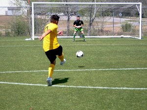 U.S. Army Spc. Christian Arias Fernandez, Dental Activity dental specialist, practices soccer techniques during the All-Army Soccer Team camp at Fort Benning, Ga., April 2017. Most All-Army team applicants had prior experience on higher level teams, such as pro- and semi-professional leagues, Armed Forces teams or Division I, II, or III teams. (Courtesy photo)