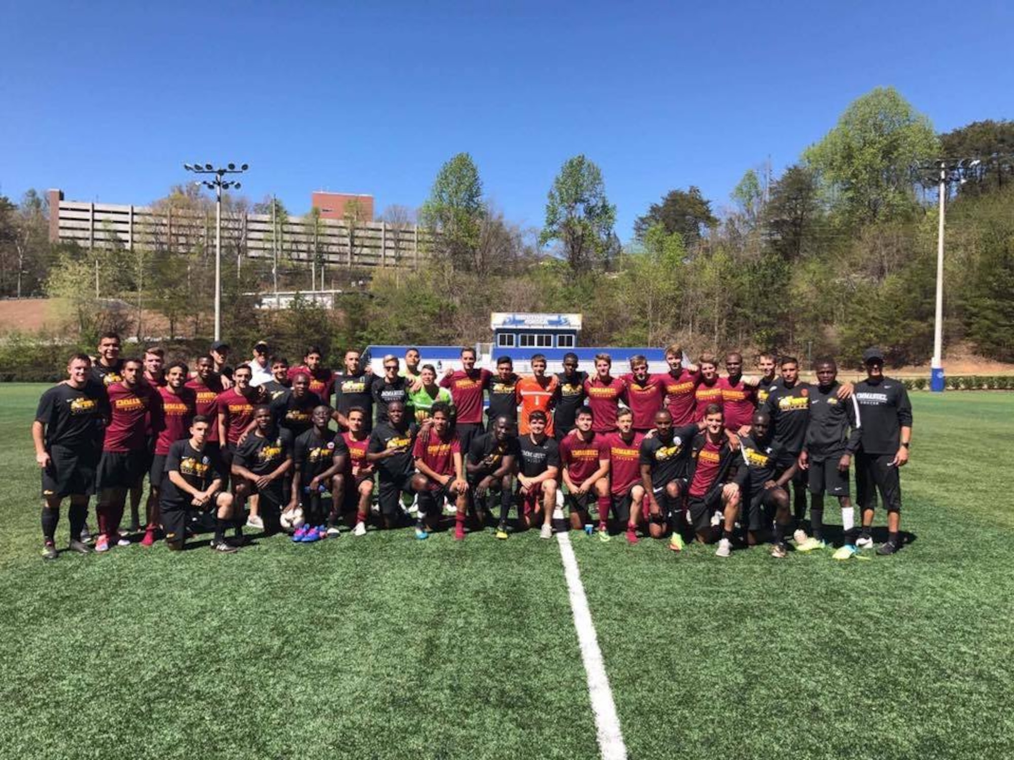 Applicants chosen to attend the All-Army Soccer Team camp pose for a photo during try-outs at Ft. Benning, Ga., April 2017. During the three week try-outs, Soldiers trained three times a day, which included physical training, field work and scrimmage games. (Courtesy photo)