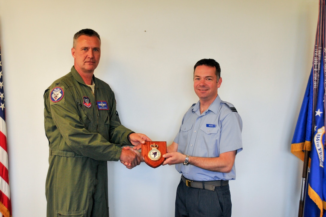 Royal Air Force Reservist Flt. Lt. Andy Wolfe, 607 Squadron (County of Durham), logistics officer, presents Col. Nathan Alholinna, 114th Fighter Wing commander, with an RAF Reserve 607 Squadron insignia plaque during his visit. Wolfe's visit is part of the Military Reserve Exchange Program. MREP is a reciprocal exchange program which provides Guard and Reserve members, both officer and enlisted, the opportunity to train with select foreign allied nations and gain a better understanding how foreign powers operate. (U.S. Air National Guard photo by Staff Sgt. Duane Duimstra/Released)