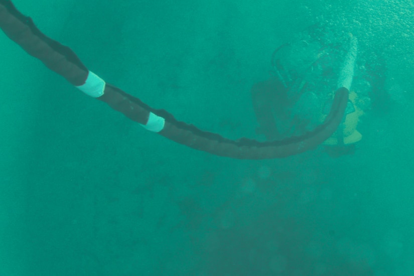 U.S. Army Spc. Michael Brown, 30th Engineer Battalion, 20th Eng. Brigade, 74th Eng. Dive Detachment salvage diver, descends during training in a dive-tank at Joint Base Langley-Eustis, Va., June 6, 2017. Divers can operate in water up to 190 feet below the surface. (U.S. Air Force photo/Airman 1st Class Kaylee Dubois)