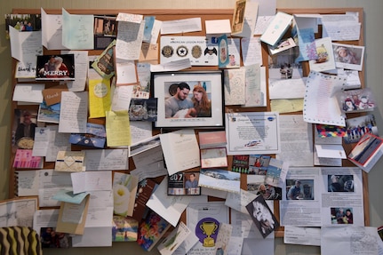 The Fisher House of Alaska post thank you cards and personal letters from military and veteran families who stayed in the Fisher House at no cost while a family member is receiving medical care. In 2016, the Fisher House accommodated 1,636 families. (U.S. Air Force photo by Staff Sgt. Sheila deVera)