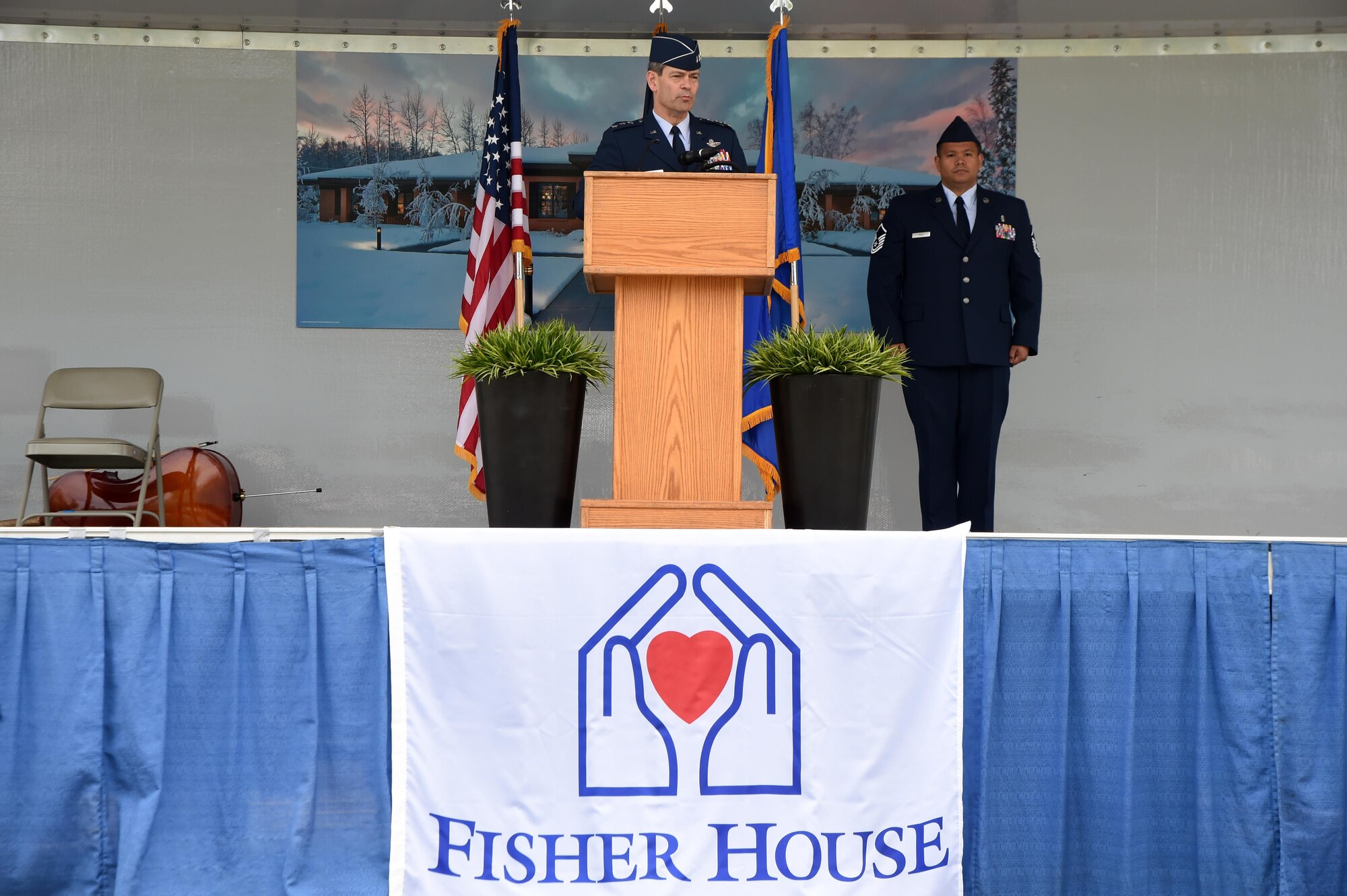 Air Force Lt. Gen. Ken Wilsbach, Alaskan North American Aerospace Defense Command Region, Alaskan Command and Eleventh Air Force commander, speaks during the groundbreaking ceremony, June 6, 2017 at Joint Base Elmendorf-Richardson, Alaska. The new additional Fisher House facility will have 16 units and can accommodate 28 families once finished. (U.S. Air Force photo by Staff Sgt. Sheila deVera)
