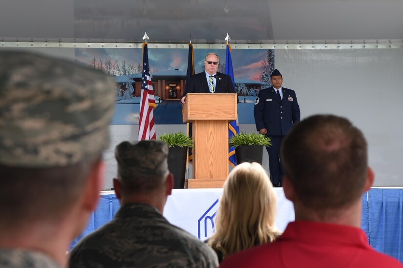 Terry Parks, Alaska Fisher House Board of Directors president, speaks during the groundbreaking ceremony, June 6, 2017 at Joint Base Elmendorf-Richardson, Alaska. The new additional Fisher House facility will have 16 units and can accommodate 28 families once finished. (U.S. Air Force photo by Staff Sgt. Sheila deVera)