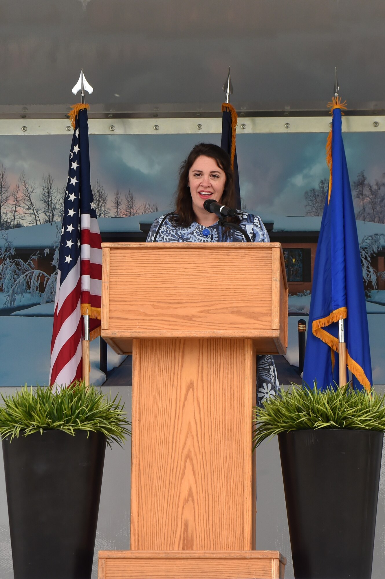 Mary Considine, Chief of Staff, Fisher House Foundation, speaks during the groundbreaking ceremony, June 6, 2017 at Joint Base Elmendorf-Richardson, Alaska. (U.S. Air Force photo by Staff Sgt. Sheila deVera)