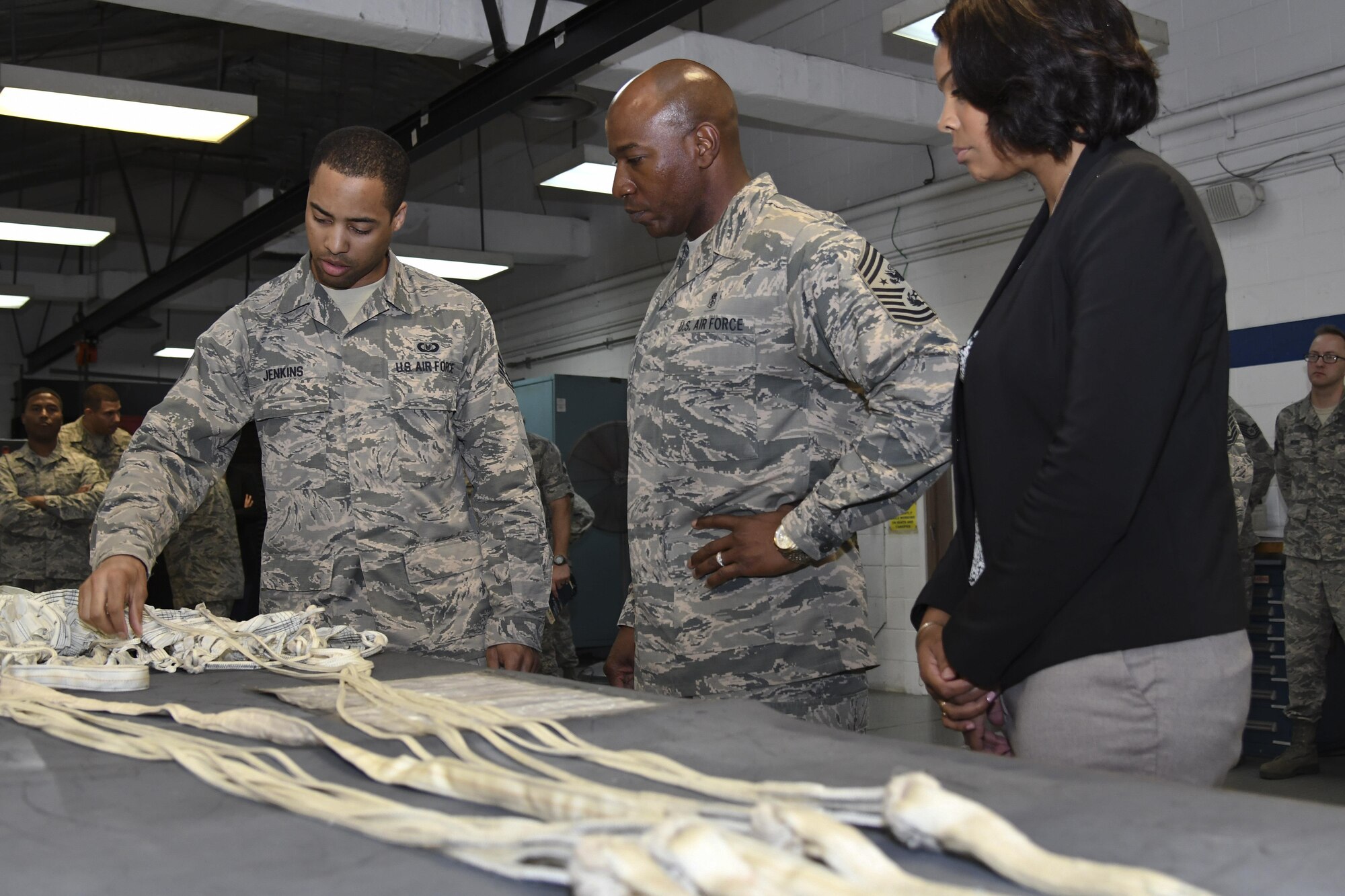 Staff Sgt. Joshua Jenkins, 51st Operations Support Squadron, briefs Chief Master Sgt. of the Air Force Kaleth O. Wright on flight crew equipment at Osan Air Base, Republic of Korea, June 7, 2017. Wright’s visit was an opportunity to interact with Airmen across the base, discuss concerns among the enlisted force and see the 51st Fighter Wing’s “Fight Tonight” capabilities. (U.S. Air Force photo by Airman 1st Class Gwendalyn Smith/Released)