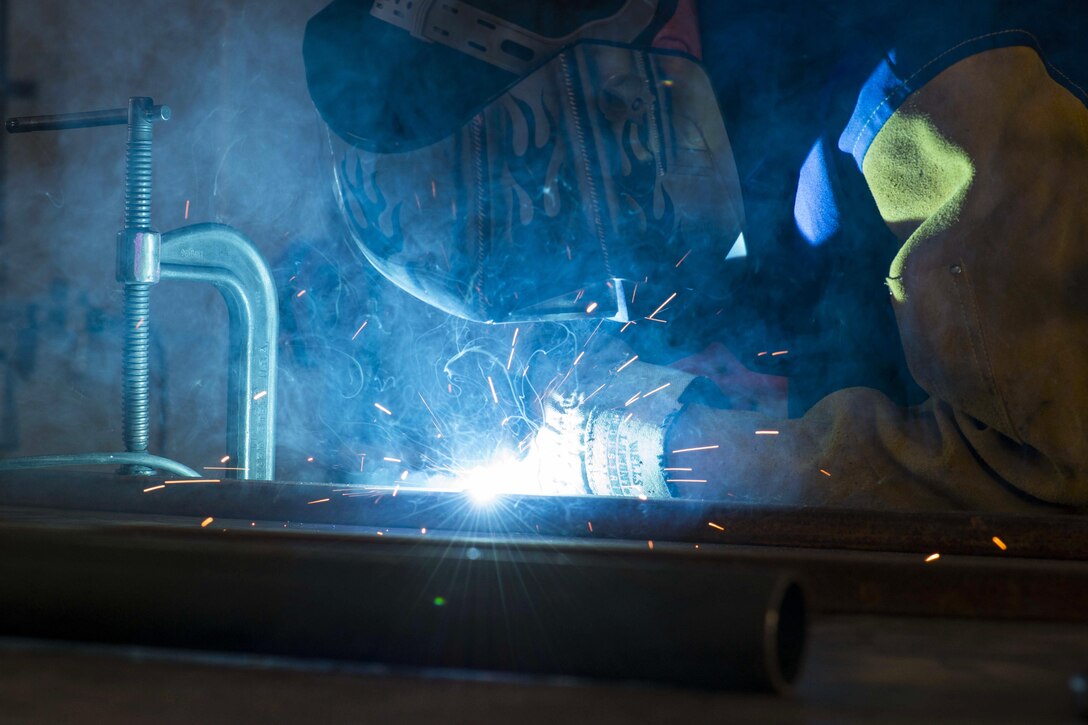 Air Force Staff Sgt. Ronald Bender welds a frame together at Incirlik Air Base, Turkey, May 30, 2017. Bender is a metals technology craftsman assigned to the 39th Maintenance Squadron. Air Force photo by Airman 1st Class Devin M. Rumbaugh