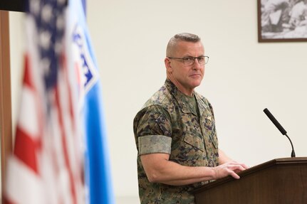 U.S. Marine Forces Korea commanding general, Maj. Gen. Robert Hedelund speaks at a promotion ceremony June 2. Maj. Gen. Hedelund will relinquish command to Maj. Gen. James Lukeman June 14.