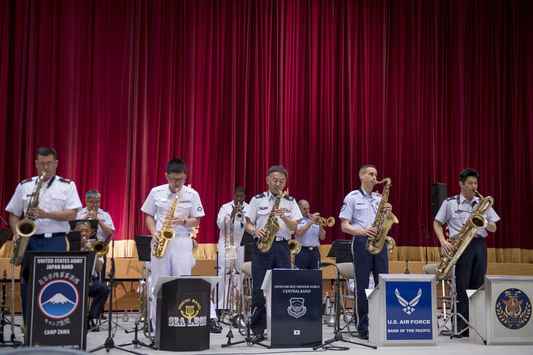 Joint Big Band Concert performers play the song, “Cottontail,” June 7, 2017, at the Japanese Ministry of Defense, Tokyo, Japan. The Joint Big Band included 20 members of Japanese and U.S. forces, from across five different bands: the Tokyo Band Sea Legs, Japan Air Self Defense Force Central Band, U.S. Army Japan Band Camp Zama, U.S. Navy 7th Fleet Band and the U.S. Air Force Band of the Pacific.  (U.S. Air Force photo by Airman 1st Class Donald Hudson)