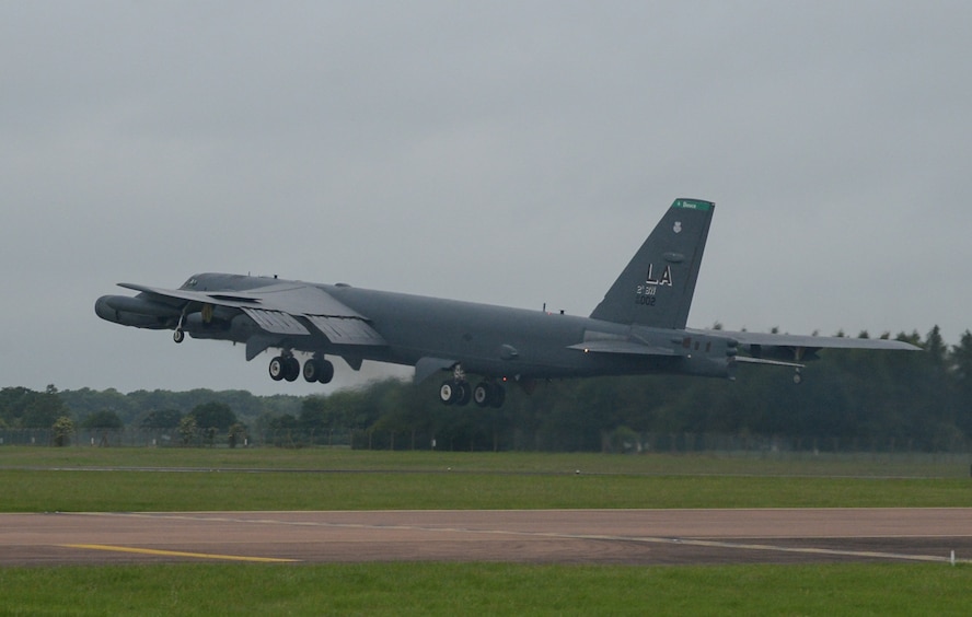 A B-52H Stratofortress takes off from Royal Air Force Fairford, U.K., June 5, 2017, in support of exercise Saber Strike 17. Saber Strike 17 promotes regional stability and security, while strengthening partner capabilities and fostering trust. The combined training opportunities that it provides greatly improves interoperability among participating NATO Allies and key regional partners. (U.S. Air Force photo/Senior Airman Curt Beach)