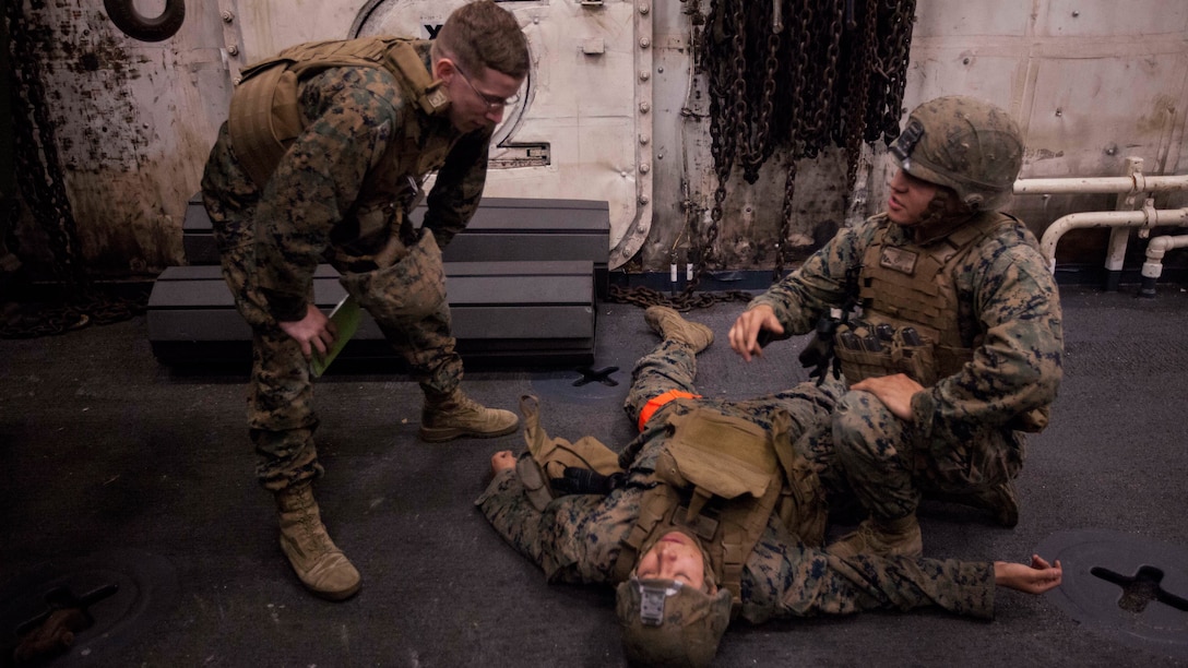 Marines with Echo Company, Battalion Landing Team, 2nd Battalion, 5th Marine Regiment, conduct final examinations for a Combat Life Saver class aboard the USS Green Bay (LPD 20), at sea, Mar. 31, 2017. The Marines are currently on patrol as the Ground Combat Element for the 31st MEU. As the Marine Corps' only continuously forward-deployed unit, the 31st Marine Expeditionary Unit's air-ground-logistics team provides a flexible force, ready to perform a wide range of military operations, from limited combat to humanitarian assistance operations, throughout the Indo-Asia-Pacific region. 