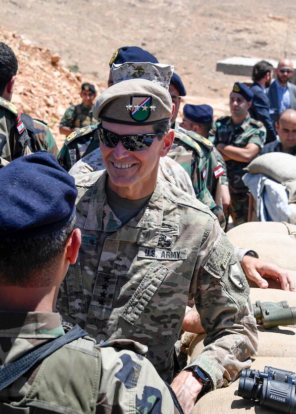 U.S. Army Gen Joseph L. Votel, commander United States Central Command, talks with a member of the Lebanese Army 9th Brigade during a visit to Dahr Al Jabl overlook, near the Syrian border June 7, 2017. On the trip, Votel met with key leaders of the Lebanese government and military to reaffirm a shared commitment of stability and security in the region. (Department of Defense photo by U.S. Air Force Tech Sgt. Dana Flamer)