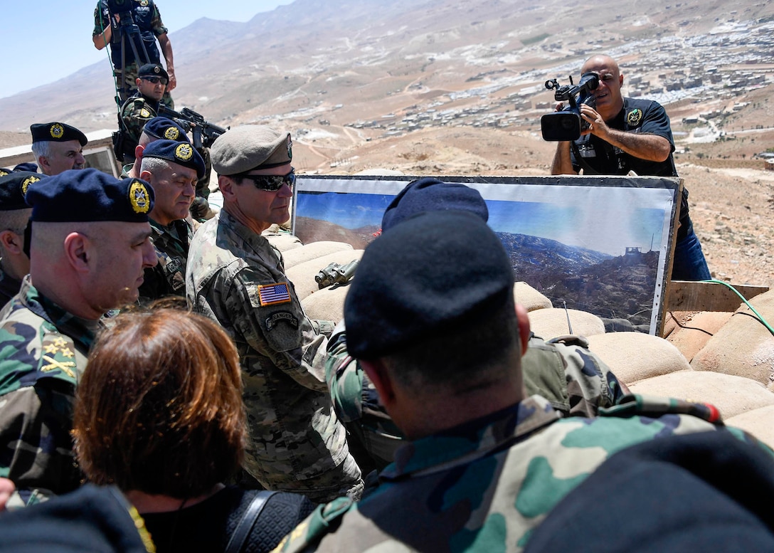 U.S. Army Gen Joseph L. Votel, commander United States Central Command, receives a mission briefing at the Lebanese Armed Forces 9th Brigade observation positon at Dahr Al Jabl overlook, near the Syrian border during his visit to Lebanon June 7, 2017. On the trip, Votel met with key leaders of the Lebanese government and military to reaffirm a shared commitment of stability and security in the region. (Department of Defense photo by U.S. Air Force Tech Sgt. Dana Flamer)