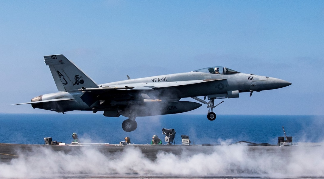 170606-N-YL257-140 MEDITERRANEAN SEA (June 6, 2017) An F/A-18E Super Hornet attached to the "Tomcatters" of Strike Fighter Squadron (VFA) 31 launches from the flight deck of the Nimitz-class aircraft carrier USS George H.W. Bush (CVN 77)  to conduct flight operations in support of Operation Inherent Resolve June 6, 2017. George H.W. Bush is conducting naval operations in the U.S. 6th Fleet area of operations in support of U.S. national security interests. (U.S. Navy photo by Mass Communication Specialist 2nd Class Christopher Gaines/Released)