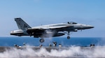 170606-N-YL257-140 MEDITERRANEAN SEA (June 6, 2017) An F/A-18E Super Hornet attached to the "Tomcatters" of Strike Fighter Squadron (VFA) 31 launches from the flight deck of the Nimitz-class aircraft carrier USS George H.W. Bush (CVN 77)  to conduct flight operations in support of Operation Inherent Resolve June 6, 2017. George H.W. Bush is conducting naval operations in the U.S. 6th Fleet area of operations in support of U.S. national security interests. (U.S. Navy photo by Mass Communication Specialist 2nd Class Christopher Gaines/Released)