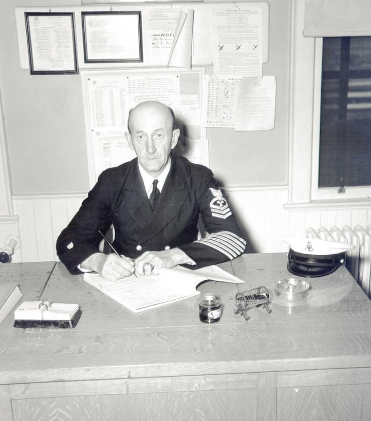 Unidentified chief, circa 1943, dress blue, B uniform. 