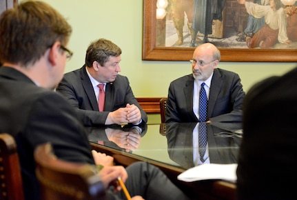 Lithuanian Defense Minister Raimundas Karoblis visited the Pennsylvania Capitol in Harrisburg to meet with Pennsylvania Gov. Tom Wolf to discuss Pennsylvania's partnership with Lithuania through the National Guard's State Partnership Program and items related to expanded cooperation between Lithuania’s Armed Forces and Ministries, June 5, 2017. 