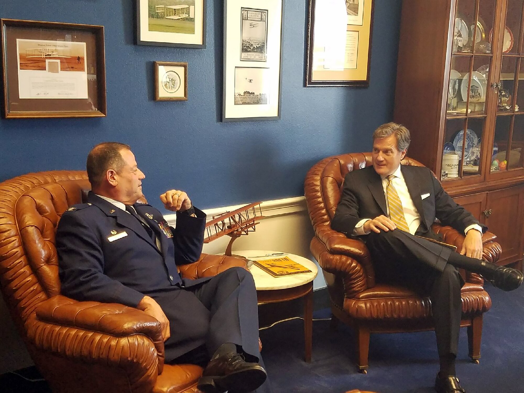 Col. Adam Willis, 445th Airlift Wing commander, visits with Congressman Mike Turner, the Ohio 10th district representative to the United States Congress, during a visit to Capitol Hill June 7, 2017. The visit gave Col. Willis the opportunity to meet with various Ohio congressional representatives and discuss issues affecting the wing. (Lt. Col. Cynthia Harris)