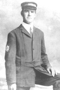 Surfman Howard Daniel Browning of Station Narragansett Pier (#54), Rhode Island, wearing the  standard winter-style uniform, circa 1909