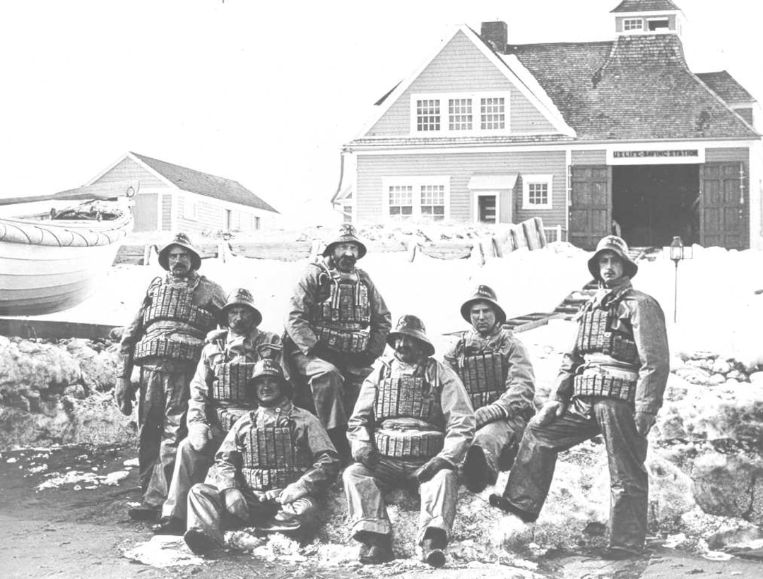 Wallis Sands Life-Saving crew wearing "storm suits" with cork life vests, no date