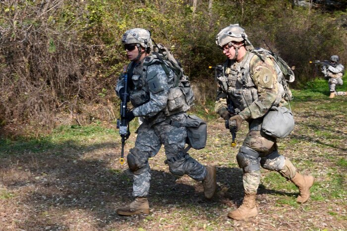 Soldiers from 1st Battalion, 16th Infantry Regiment, 1st Armored Brigade Combat Team, 1st Infantry Division, along with leaders from the 2nd Infantry Division/Republic of Korea-U.S. Combined Division and 8th U.S. Army, conduct a demonstration of force on force engagement training systems for members of the South Korean army at Camp Humphreys, South Korea, Nov. 8, 2016. Army photo by Staff Sgt. Warren Wright