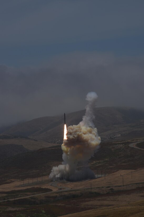 A long-range ground-based interceptor is launched from Vandenberg Air Force Base, Calif., May 30, 2017. It successfully intercepted an intercontinental ballistic missile target launched from the U.S. Army’s Reagan Test Site on Kwajalein Atoll. This was the first live-fire test event against an ICBM-class target. Missile Defense Agency photo