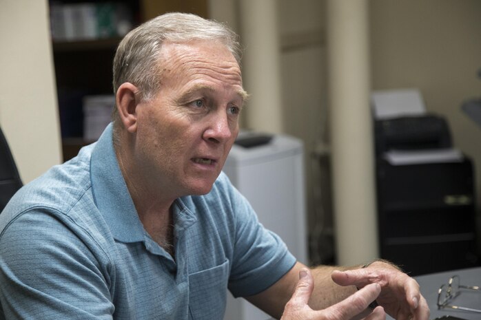 Mr. Jerry L. Cole, Substance Abuse Program Specialist, speaks about his career thus far his 40 years of hard work with the Marine Corps and the Substance Abuse Counciling Program on Camp Pendleton, Calif., April 26, 2017. Throughout his career as a Marine his main focus was his Marines and their welfare, and trying to be the best Marine he could be in order to set the example others would strive to emulate. Early in his career, he built bombs and chemical weapons in the ordnance community; he then spent five years on the drill field advancing from junior drill instructor to a battalion sergeant major at Marine Corps Recruit Depot, San Diego. When he retired from the Marine Corps in 2006 he didn’t take any time off. Instead of putting on the uniform he wore for so many years, he put on a collared shirt and khakis; and instead of the squared away Marines he worked with before, it was with the Marines who have gotten themselves in situations and need guidance and help. “I stepped out of that uniform, but I get to work with CO’s, XO’s, Sergeants Major, and most importantly, the junior Marines,” said Cole. “It’s pretty cool. I get the opportunity to right what I believe are wrongs. I plan to do at least five more years here. I’m retirement eligible here now, but I want to work until I’m 62 as long as I can keep up. I really enjoy what I do. If I get to the point that I don’t enjoy what I do anymore or I don’t see it benefitting anyone, then I’ve surpassed my usefulness. If I get that feeling, then I’ll know it’s time to hang it up and put the retirement papers in." (U. S. Marine Corps photo by Lance Cpl. Betzabeth Y. Galvan)