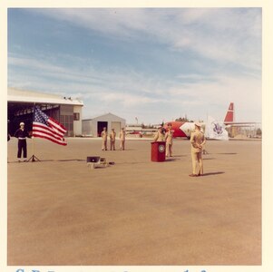 Air Station Annette, Alaska
Original photo caption: "USCG Air Station Annette Isl., Alaska inspection tour of Commandant -- Admiral Roland speaking on field on his arrival."; photo dated 28 July 1965; Photo No. CPI-072865-10; photo by PH1 Nicols.