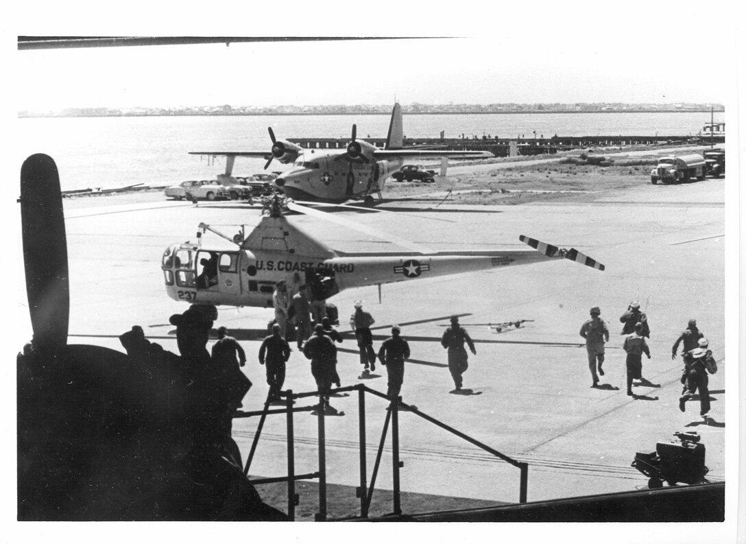 Air Station Brooklyn, New York
Original photo caption: "Coast Guard Air Station Brooklyn, circa 1955. A Sikorsky HO35-1G and a Grumman UF-16 Albatross are on the tarmac."; no photo number; photographer unknown.