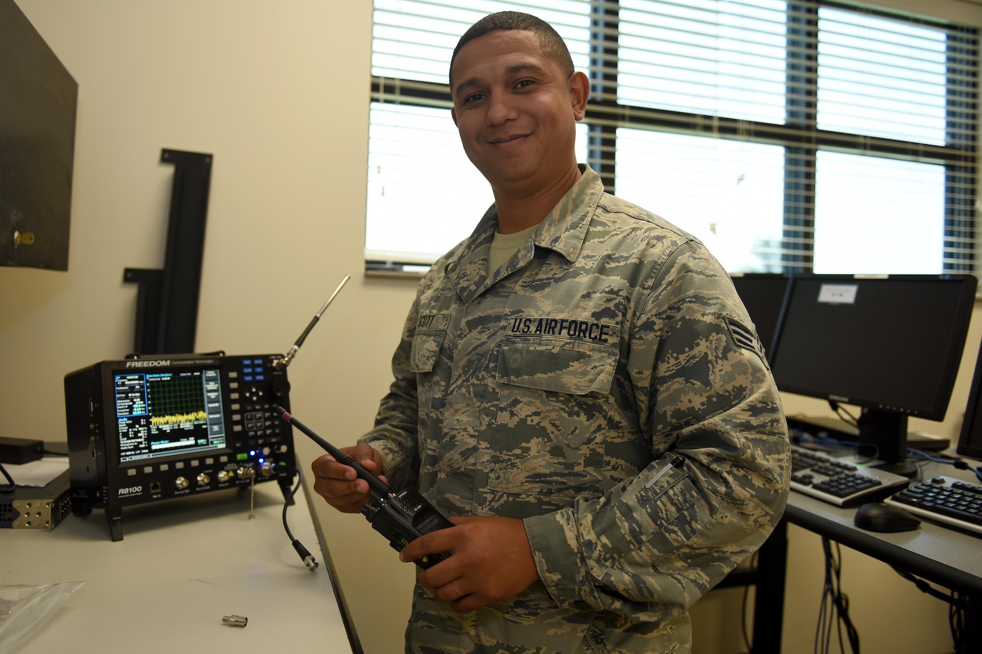 U.S. Air Force Senior Airman Romel Scott, a radio frequency technician assigned to the 169th Communications Squadron of the South Carolina Air National Guard at McEntire Joint National Guard Base, S.C., June 4, 2017. (U.S. Air National Guard photo by Senior Airman Ashleigh S. Pavelek)