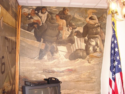 Air Station Clearwater, Florida (Formerly Air Station St. Petersburg) Wardroom mural inside the Officers' & CPO Mess.  This building was constructed in the 1937-38 time frame and the interior of the Officers' Mess was painted by a local artist, George Snow Hill, under the Works Progress Administration's Federal Art Program.  Each wall of the Mess depicted a historic event in Coast Guard history or one of the service's many missions conducted in the 1930s.  Photos & information courtesy of the Ancient Order of the Pterodactyls.